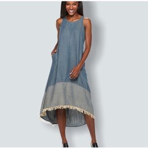 Nanette Lepore denim chambray hi/lo maxi dress w fringe Sz 8
